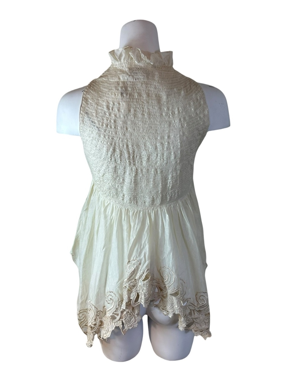 Chandrima Ivory Smocked Cutwork Top Handkerchief Hem Medium NEW NWT - Picture 3 of 8